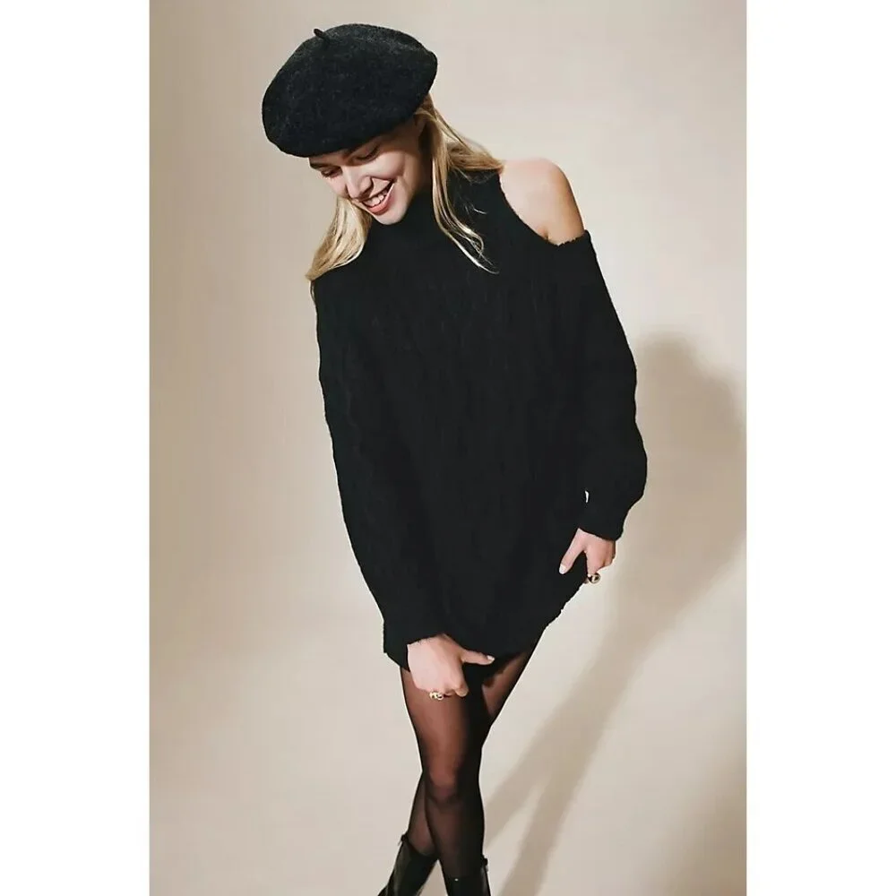 Anthropologie Pilcro Cable-Knit Sweater Dress Womens Size MP Open-Shoulder Tunic